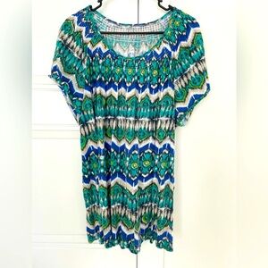 Kim Rogers Woman Teal Green and Blue Abstract Pattern Blouse Top Size 2X